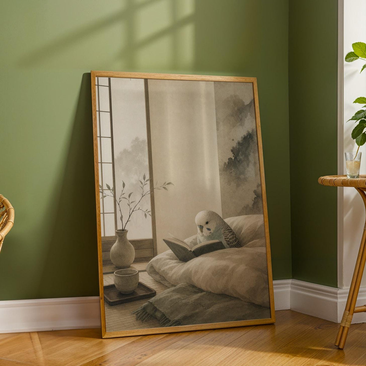 Wall art poster of English Budgerigar Reading in Bed in japanese zen ink wash painted style