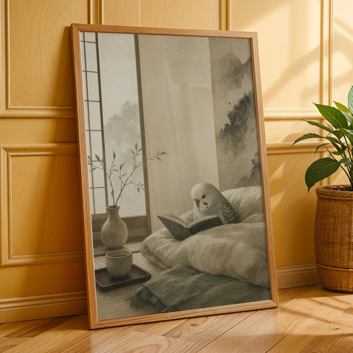 Poster print featuring English Budgerigar Reading in Bed with japanese zen ink wash detailing