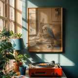 Light Blue Budgerigar Reading in Bed in a japanese zen watercolor poster illustration