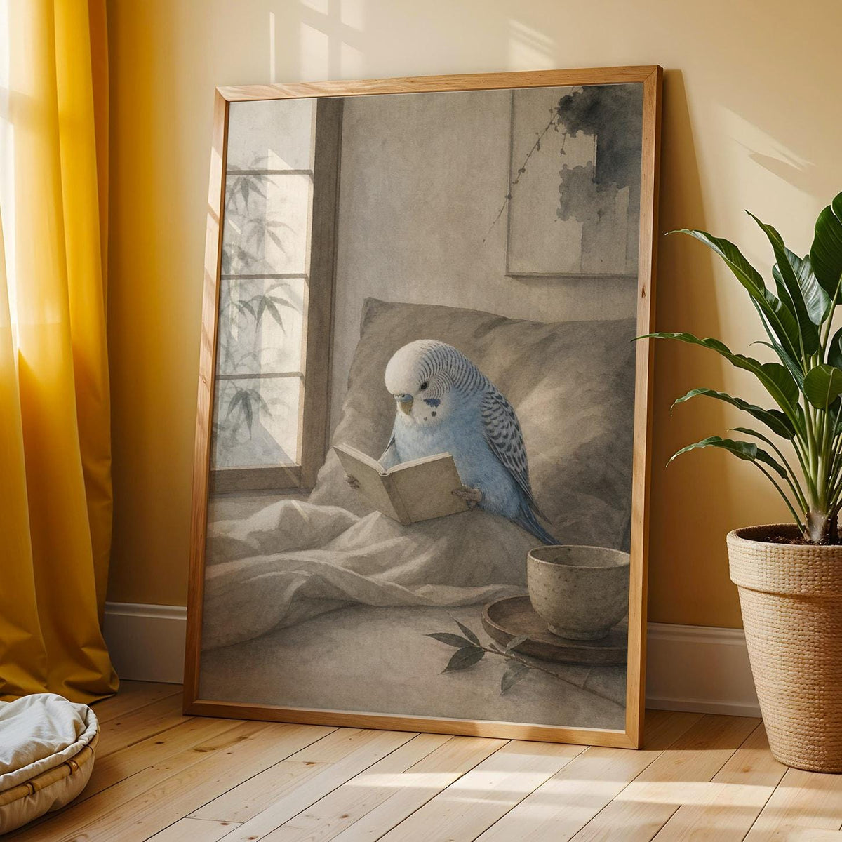 Poster artwork depicting Light Blue Budgerigar Reading in Bed in japanese zen watercolor style