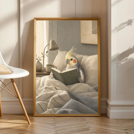 Cockatiel Reading in Bed in a scandinavian gouache poster illustration