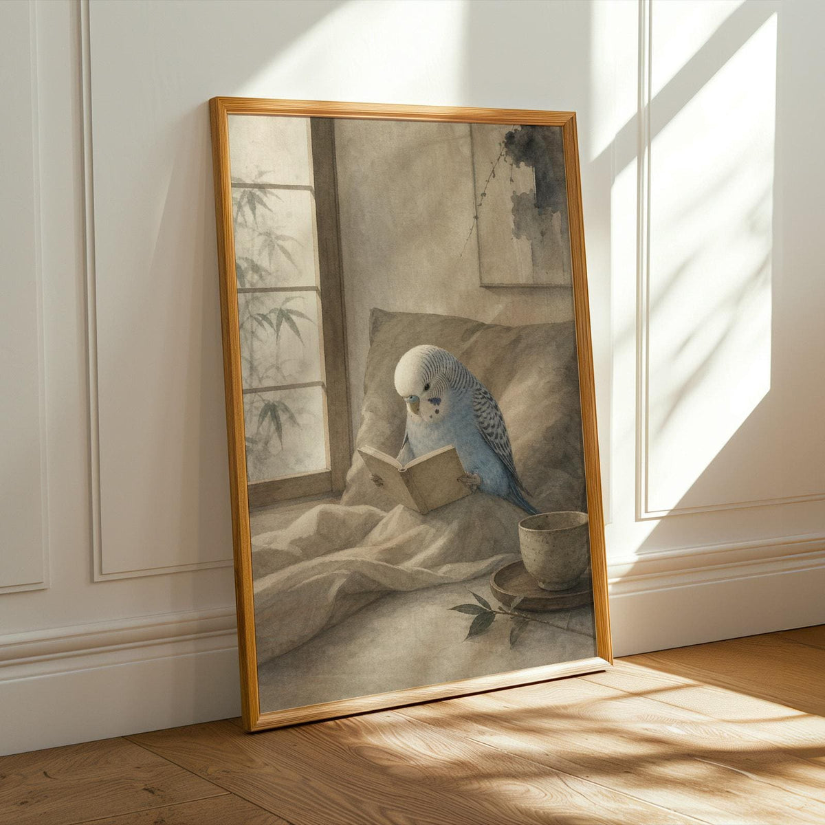 Artwork portraying Light Blue Budgerigar Reading in Bed in a japanese zen watercolor composition