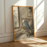 Artwork portraying Light Blue Budgerigar Reading in Bed in a japanese zen watercolor composition