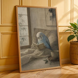 Light Blue Budgerigar Reading in Bed illustration for a japanese zen watercolor paper poster