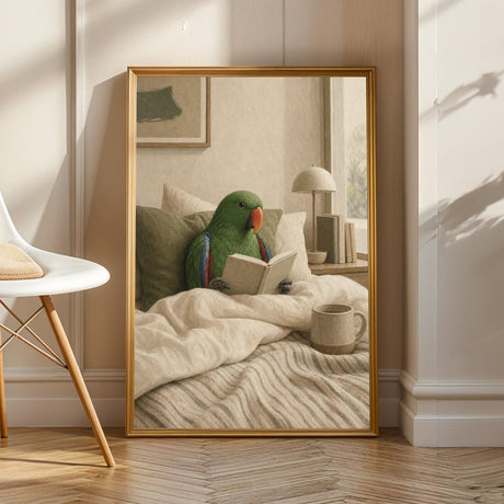 Silver Budgerigar Reading in Bed in a japanese zen sumi-e poster illustration