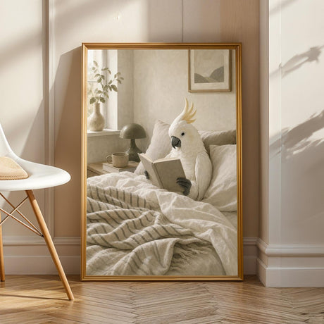 White Cockatoo Reading in Bed illustrated in Scandinavian Gouache style on a poster