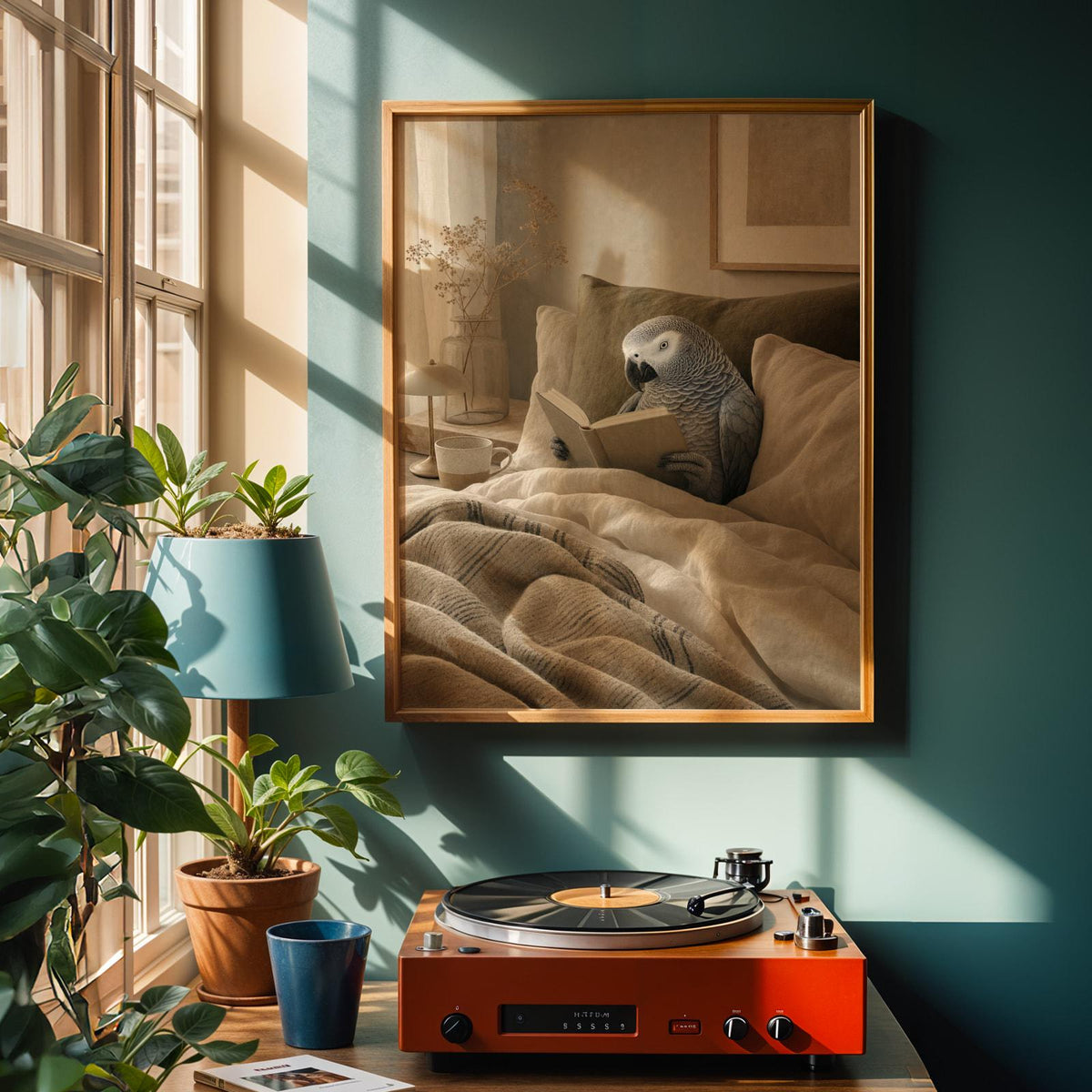 Art print featuring African Grey Parrot Reading in Bed in a Modern Soft Gouache composition