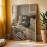 Poster illustration depicting African Grey Parrot Reading in Bed with Modern Soft Gouache details