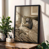 Decorative wall art showing African Grey Parrot Reading in Bed rendered in Modern Soft Gouache style