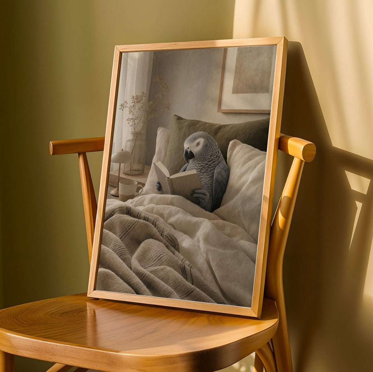 Printed wall art of African Grey Parrot Reading in Bed with Modern Soft Gouache illustration