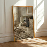 Illustration of African Grey Parrot Reading in Bed in a Modern Soft Gouache art print