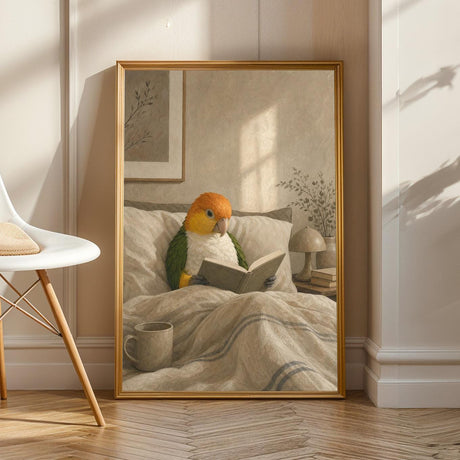 White Bellied Caique Reading in Bed illustrated in Modern Gouache style on a poster
