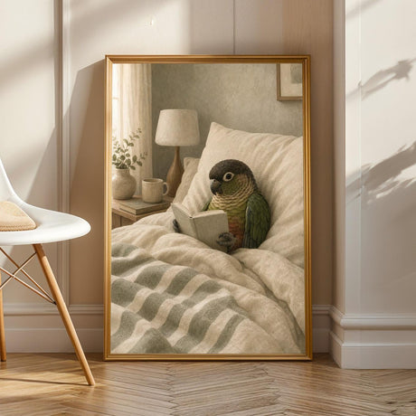 Dusky Conure Reading in Bed in a scandinavian gouache poster illustration