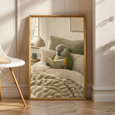 Senegal Parrot Reading in Bed in a scandinavian soft gouache poster illustration