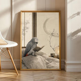 African Grey Parrot Reading in Bed in a japanese zen ink wash poster illustration