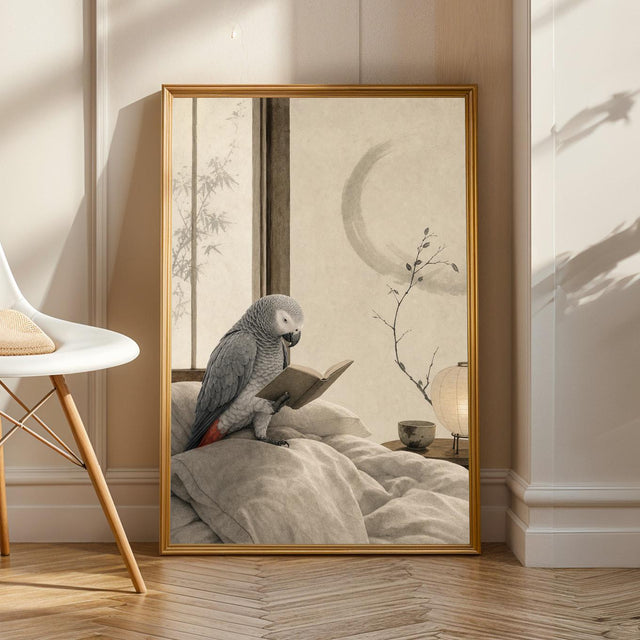 African Grey Parrot Reading in Bed in a japanese zen ink wash poster illustration
