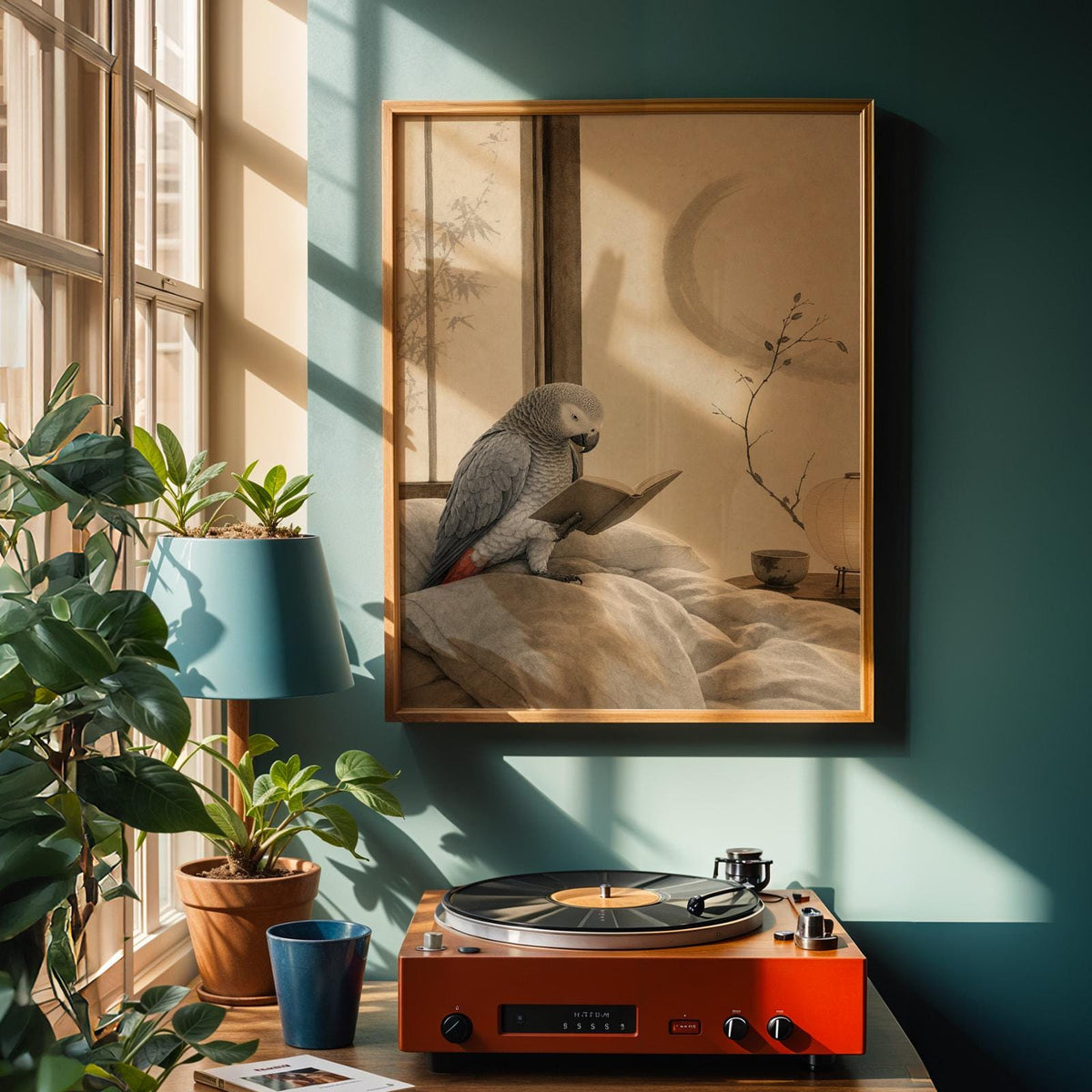 Poster artwork depicting African Grey Parrot Reading in Bed in japanese zen ink wash style