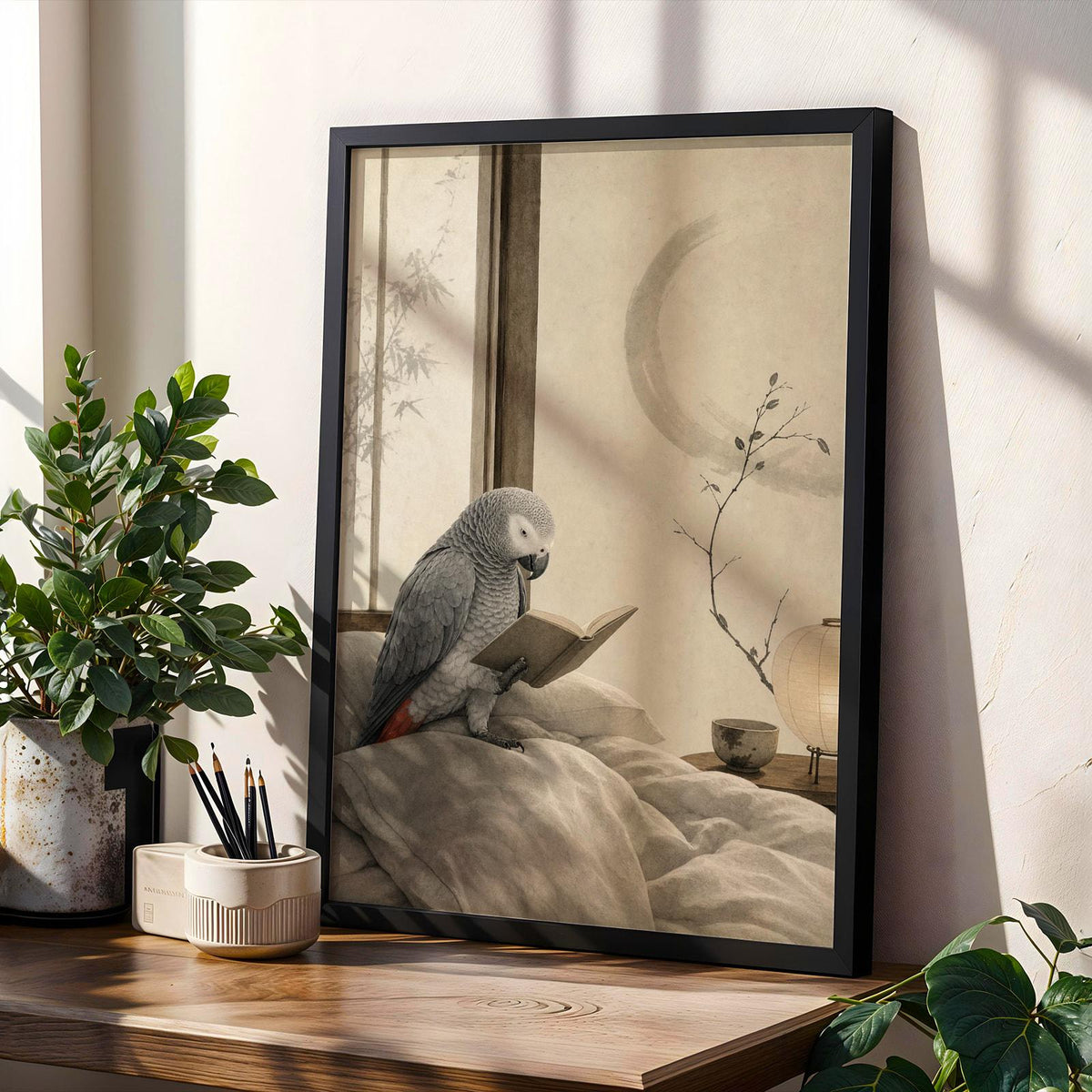Decorative poster design featuring African Grey Parrot Reading in Bed in japanese zen ink wash style