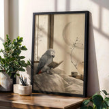 Decorative poster design featuring African Grey Parrot Reading in Bed in japanese zen ink wash style
