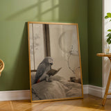 Wall art poster of African Grey Parrot Reading in Bed in japanese zen ink wash painted style