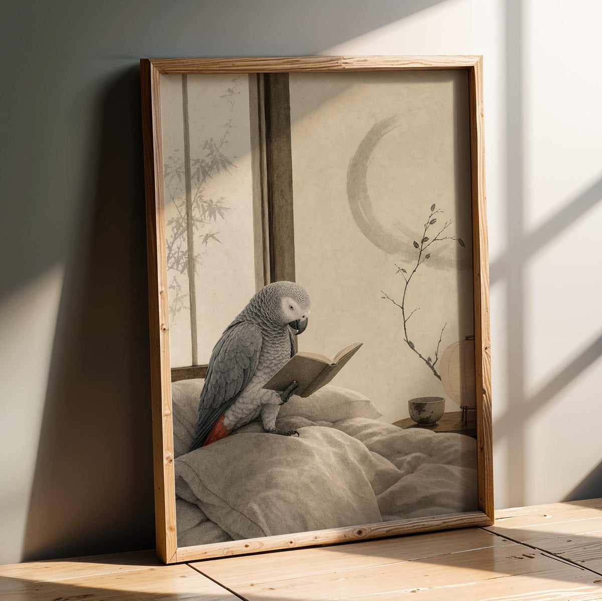 Artwork portraying African Grey Parrot Reading in Bed in a japanese zen ink wash composition