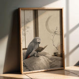 Artwork portraying African Grey Parrot Reading in Bed in a japanese zen ink wash composition