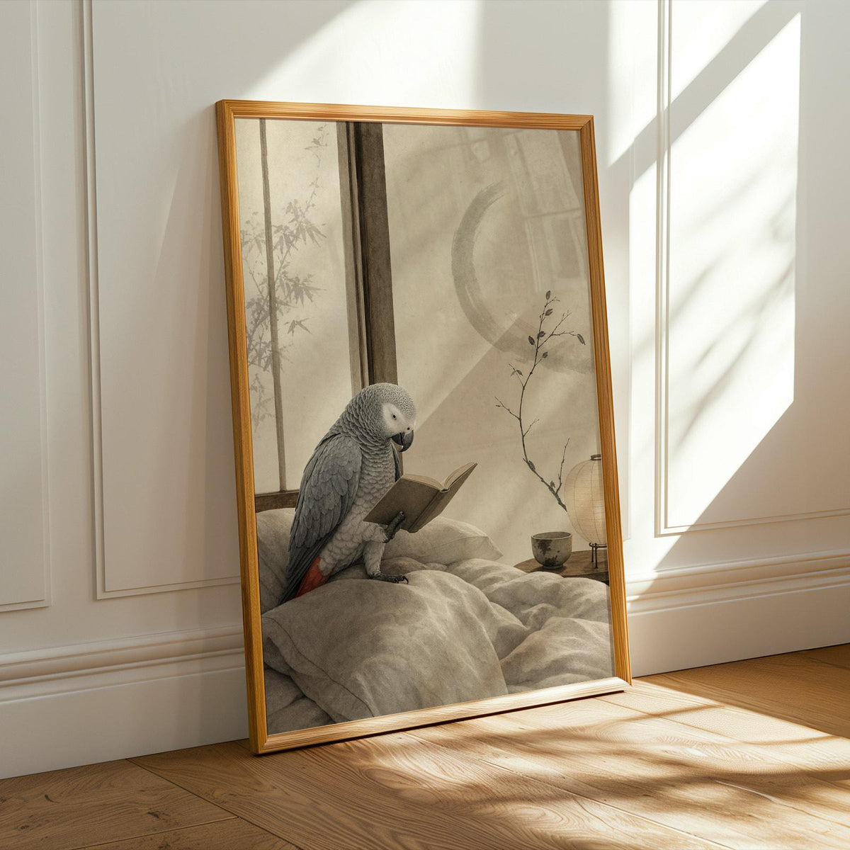 African Grey Parrot Reading in Bed illustration for a japanese zen ink wash paper poster