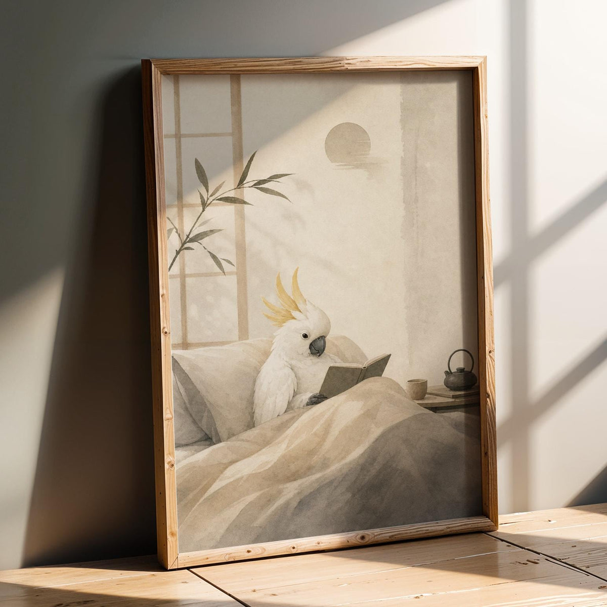 Wall art poster design with White Cockatoo Reading in Bed in Japanese Zen Ink Wash style
