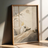 Wall art poster design with White Cockatoo Reading in Bed in Japanese Zen Ink Wash style