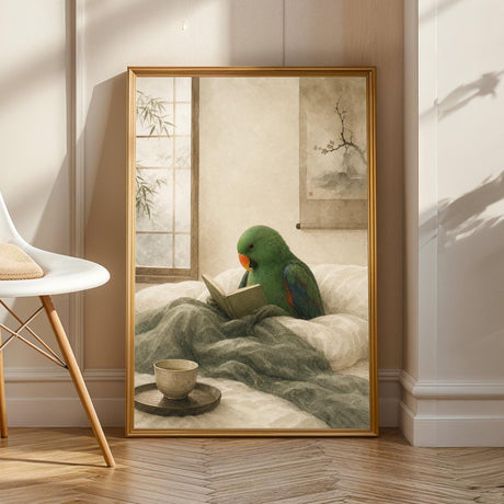 Eclectus Parrot Reading in Bed in a japanese zen ink wash poster illustration