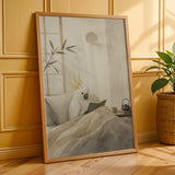 Poster of White Cockatoo Reading in Bed featuring Japanese Zen Ink Wash artistic treatment