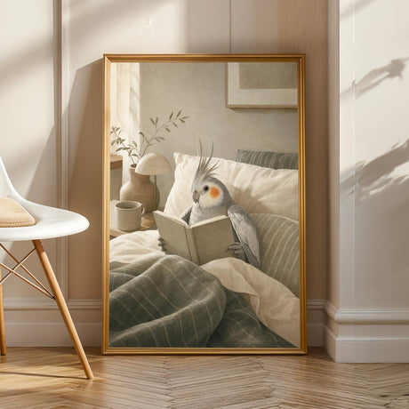 Silver Cockatiel Reading in Bed in a scandinavian gouache poster illustration