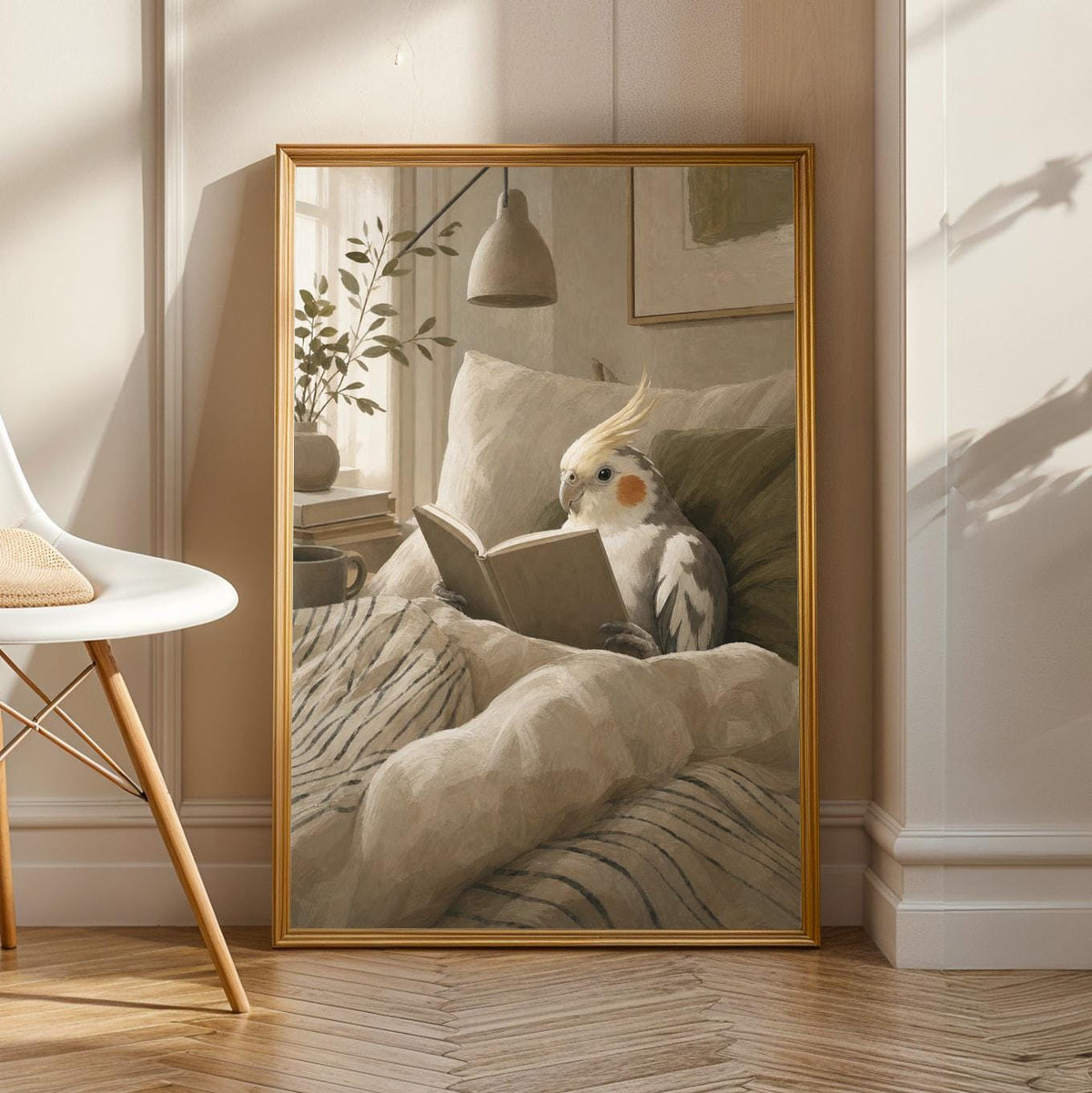 Pied Cockatiel Reading in Bed in a scandinavian gouache poster illustration