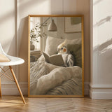 Pied Cockatiel Reading in Bed in a scandinavian gouache poster illustration