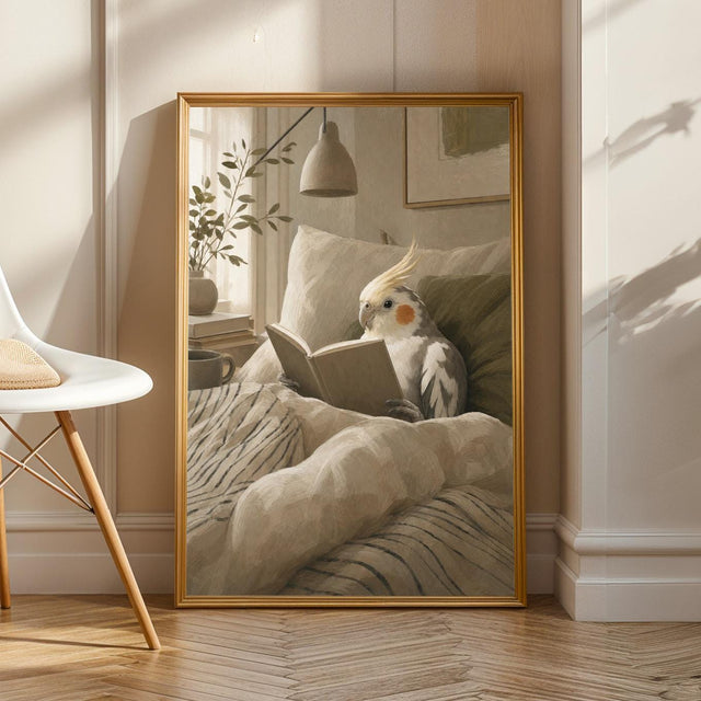 Pied Cockatiel Reading in Bed in a scandinavian gouache poster illustration