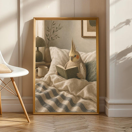 Cinnamon Cockatiel Reading in Bed in a scandinavian gouache poster illustration