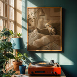 Poster artwork depicting Pied Cockatiel Reading in Bed in scandinavian gouache style