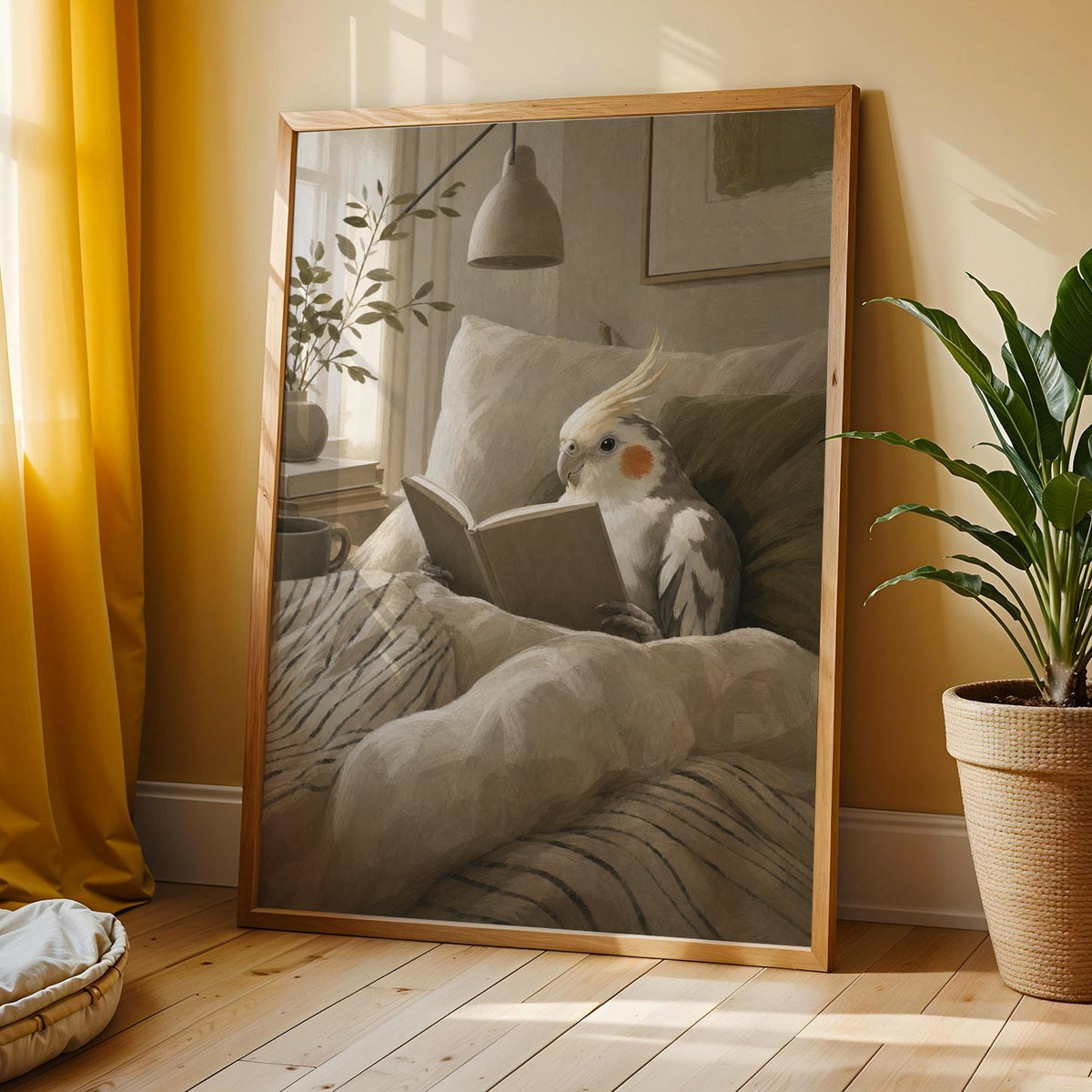 Pied Cockatiel Reading in Bed shown in a scandinavian gouache wall art print