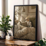 Decorative poster design featuring Pied Cockatiel Reading in Bed in scandinavian gouache style