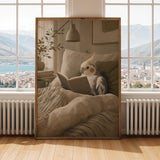 Print illustration of Pied Cockatiel Reading in Bed with scandinavian gouache artwork
