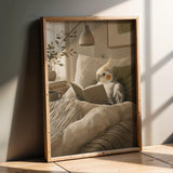 Artwork portraying Pied Cockatiel Reading in Bed in a scandinavian gouache composition