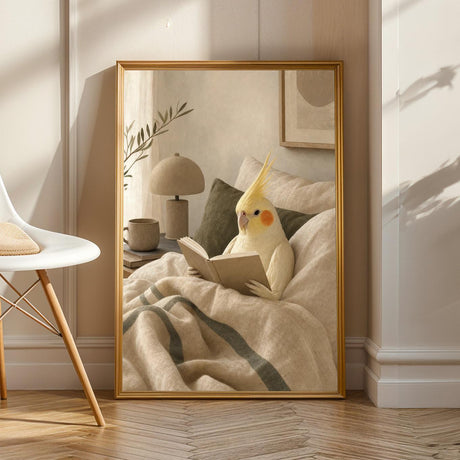 Lutino Cockatiel Reading in Bed in a modern soft gouache poster illustration