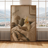 Print illustration of Lutino Cockatiel Reading in Bed with modern soft gouache artwork
