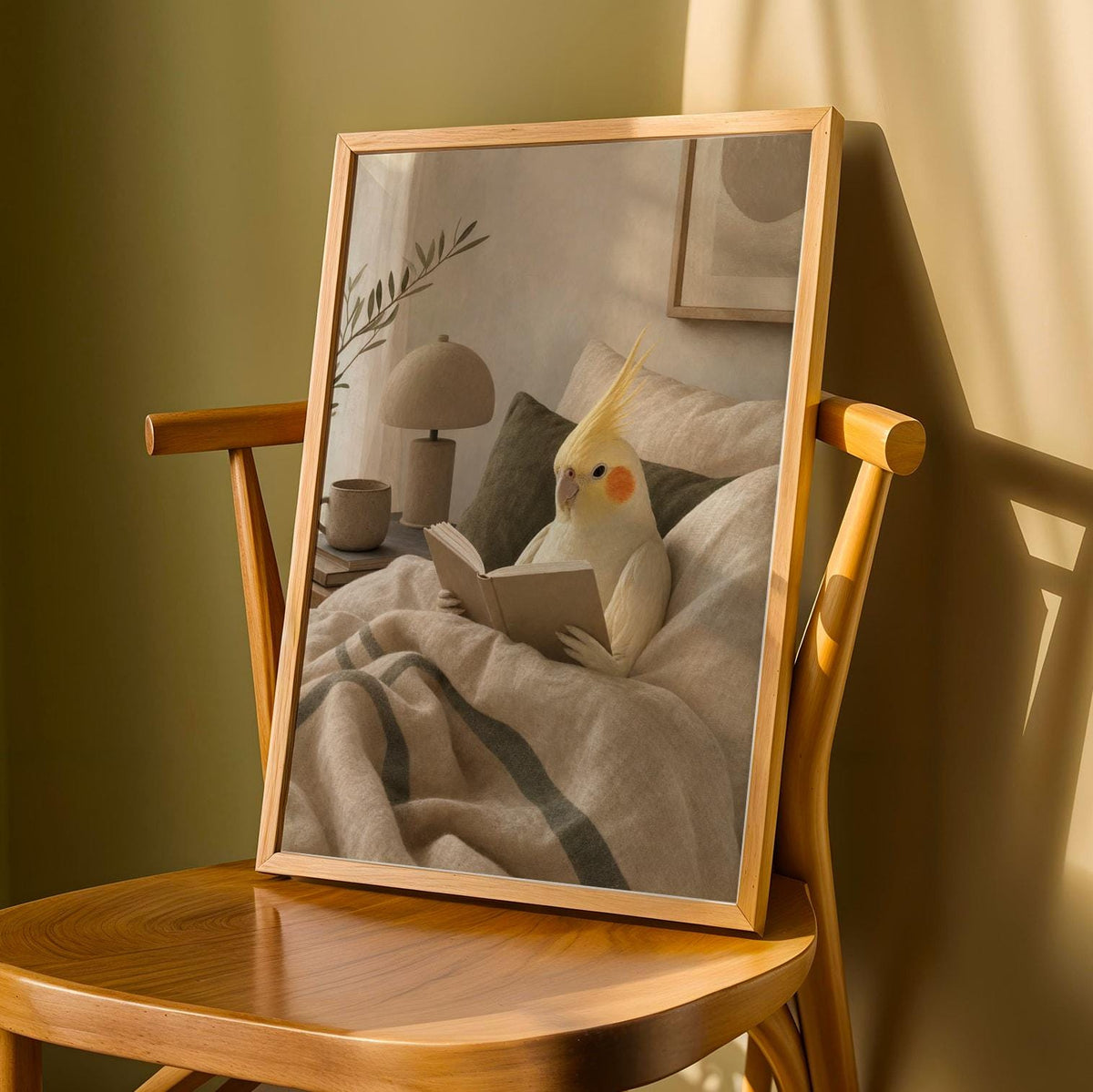 Lutino Cockatiel Reading in Bed depicted in a modern soft gouache art poster