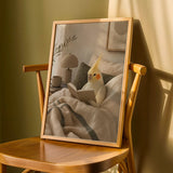 Lutino Cockatiel Reading in Bed depicted in a modern soft gouache art poster