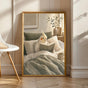 Pearl Cockatiel Reading in Bed in a modern gouache poster illustration