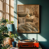 Poster artwork depicting Pearl Cockatiel Reading in Bed in modern gouache style