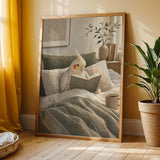 Pearl Cockatiel Reading in Bed shown in a modern gouache wall art print