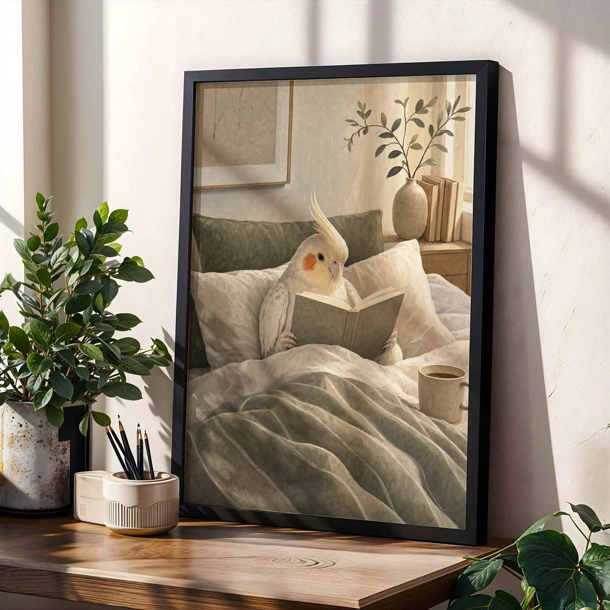Decorative poster design featuring Pearl Cockatiel Reading in Bed in modern gouache style