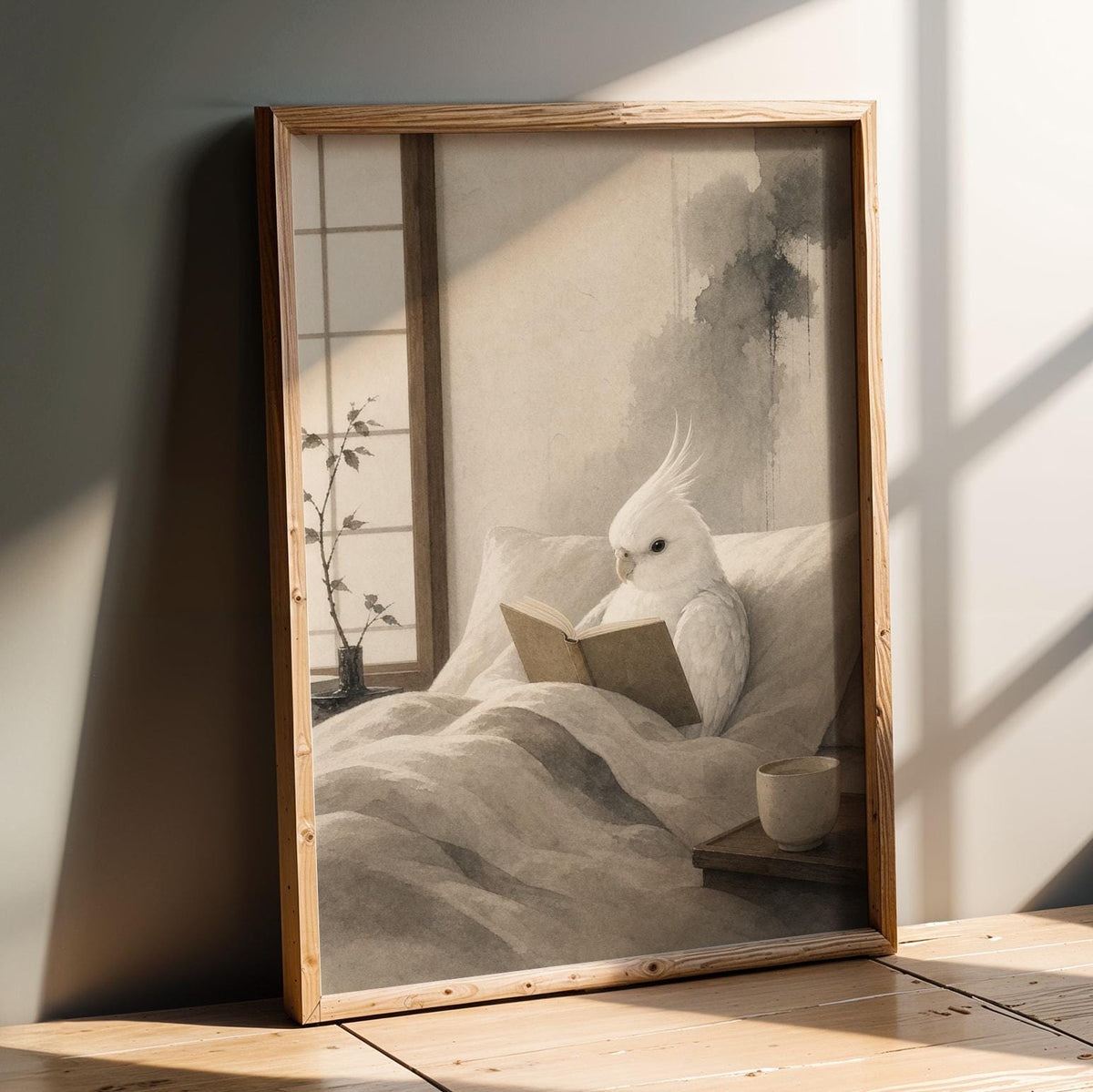Cockatiel Reading shown in a japanese sumi-e wall art print